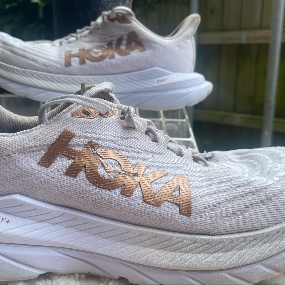 Hoka White and Bronze Running Shoes